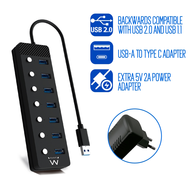 EW1147 | Concentrador USB 3.0 de 7 puertos con interruptor | Ewent | distributori informatica
