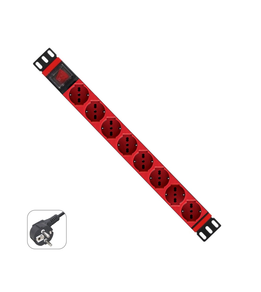 WPNPDUG0108/R | MULTIPRESA RACK 19" 8 X ITA/SCHUKO ROSSE SPINA SCHUKO | WP Rack | distributori informatica